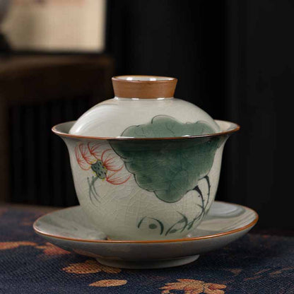 Mythstone Lotus Koi Fish Pod Leaf Ceramic Gaiwan Sancai Teacup Kung Fu Tea Cup And Saucer With Lid 140ml