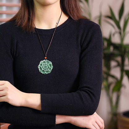 Mythstone Lotus Pattern Jade Luck Prosperity Necklace Pendant