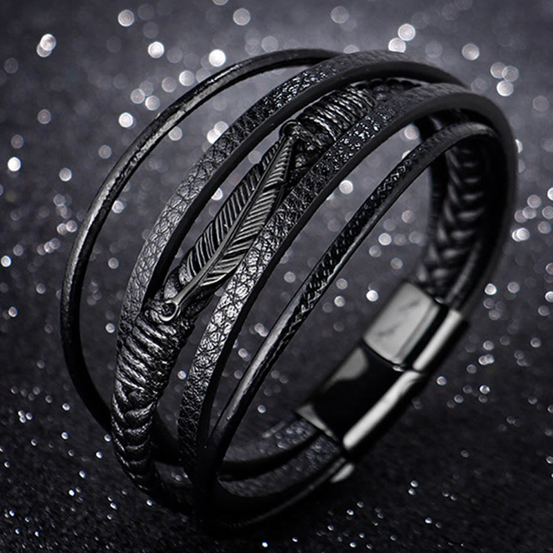 Mythstone Feather Pattern Multilayer Leather Titanium Steel Calm Braided Magnetic Buckle Bracelet