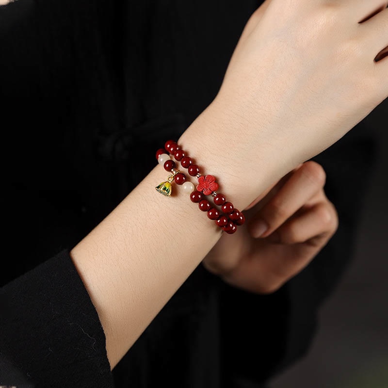 Mythstone Cinnabar Lotus Charm Double Wrap Blessing Bracelet