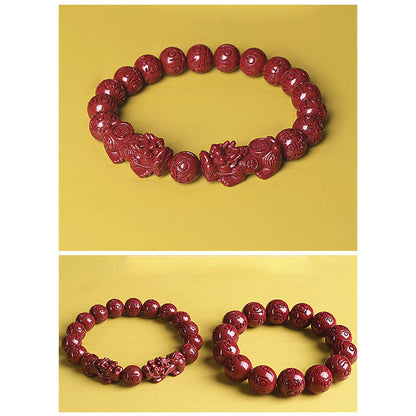 Mythstone Natural Double PiXiu Cinnabar Om Mani Padme Hum Wealth Luck Bead Bracelet