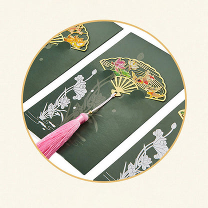 Mythstone Traditional Butterfly Lotus Flower Crane Dragon Phoenix Fox Koi Fish New Beginning Metal Brass Hollow Fan Bookmarks