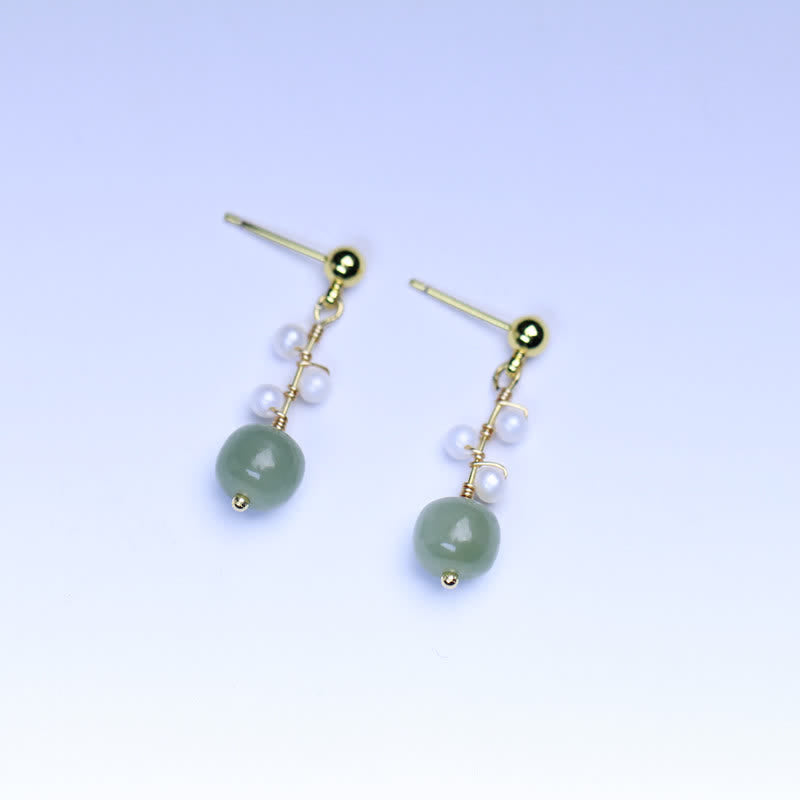 Mythstone Hetian Jade Flower Pattern 14K Gold Plated Luck Drop Dangle Earrings