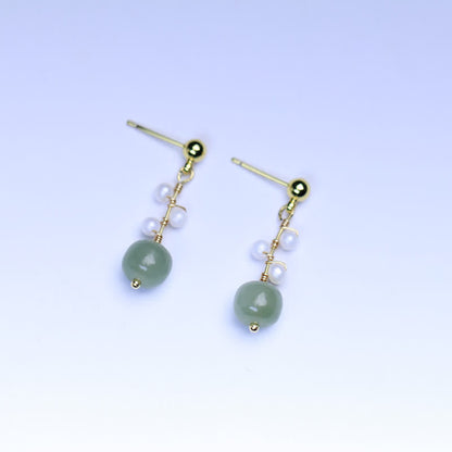 Mythstone Hetian Jade Flower Pattern 14K Gold Plated Luck Drop Dangle Earrings