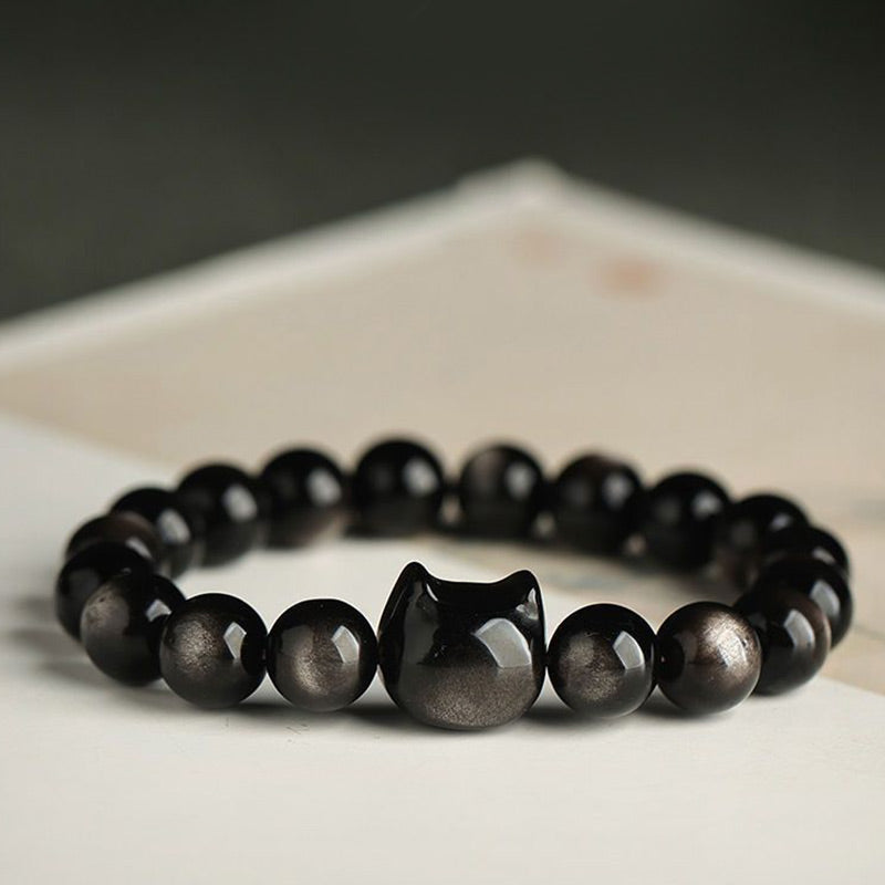 Mythstone Gold Sheen Obsidian Silver Sheen Obsidian Lovely Paw Lucky Cat Protection Bracelet