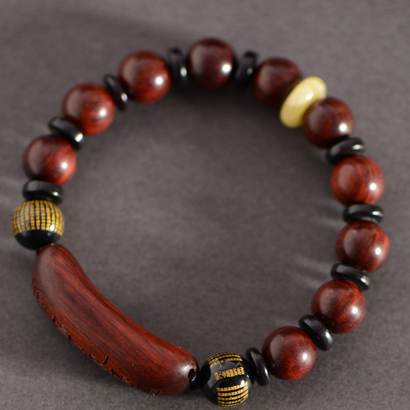 Mythstone Small Leaf Red Sandalwood Om Mani Padme Hum Engraved Protection Bracelet