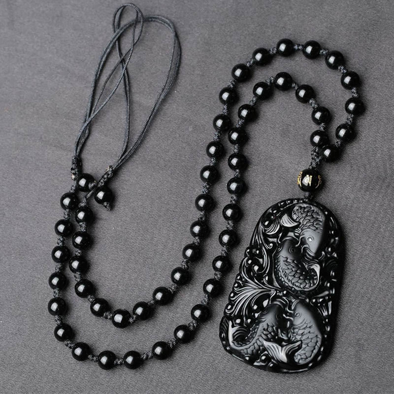 Mythstone Black Obsidian Koi Fish Engraved Strength Beaded Necklace Pendant