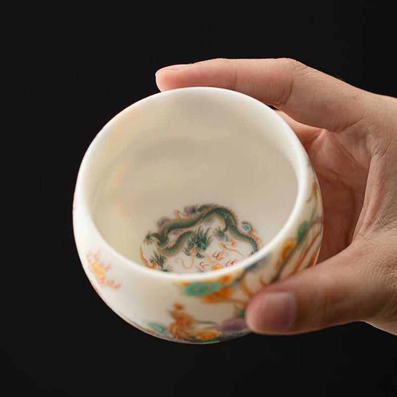 Mythstone Dragon Phoenix Auspicious Clouds Ceramic Teacup Kung Fu Tea Cup