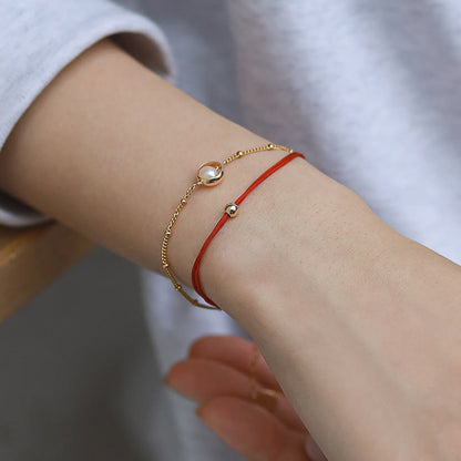 Mythstone 14K Gold Plated Pearl Bead Luck Red String Double Layer Bracelet