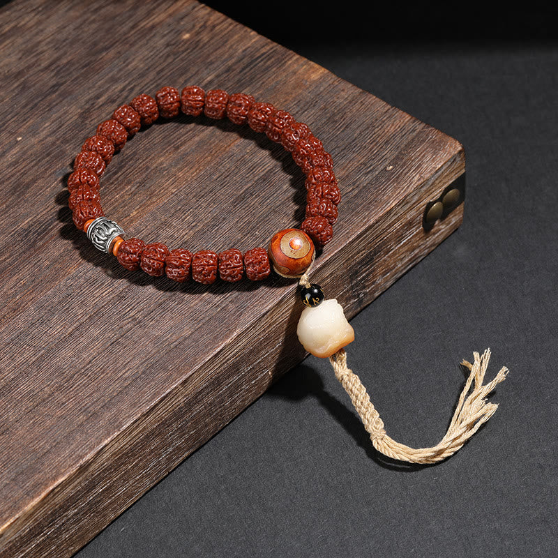 Mythstone Tibet Rudraksha Bodhi Seed Dzi Bead Lucky Cat Dancing Lion Wealth Bracelet Wrist Mala