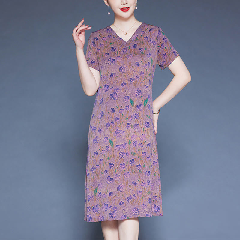 Mythstone V-Neck Tulip Flowers Short Sleeve Midi Dress With Pockets