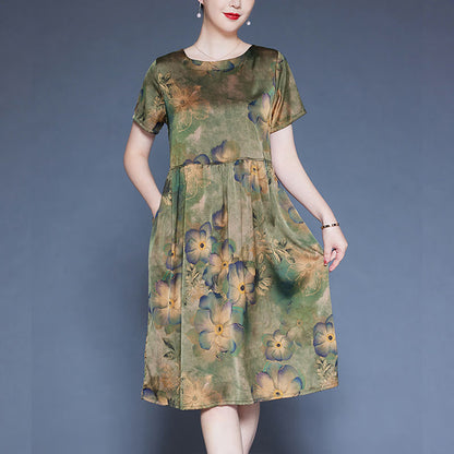 Mythstone Flowers Leaves Short Sleeve Midi Dress With Pockets