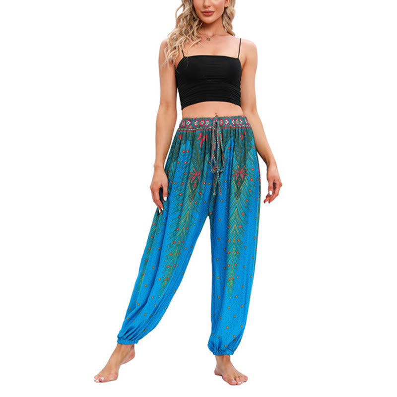 Mythstone Peacock Feather Pattern Loose Harem Trousers Women's Yoga Pants