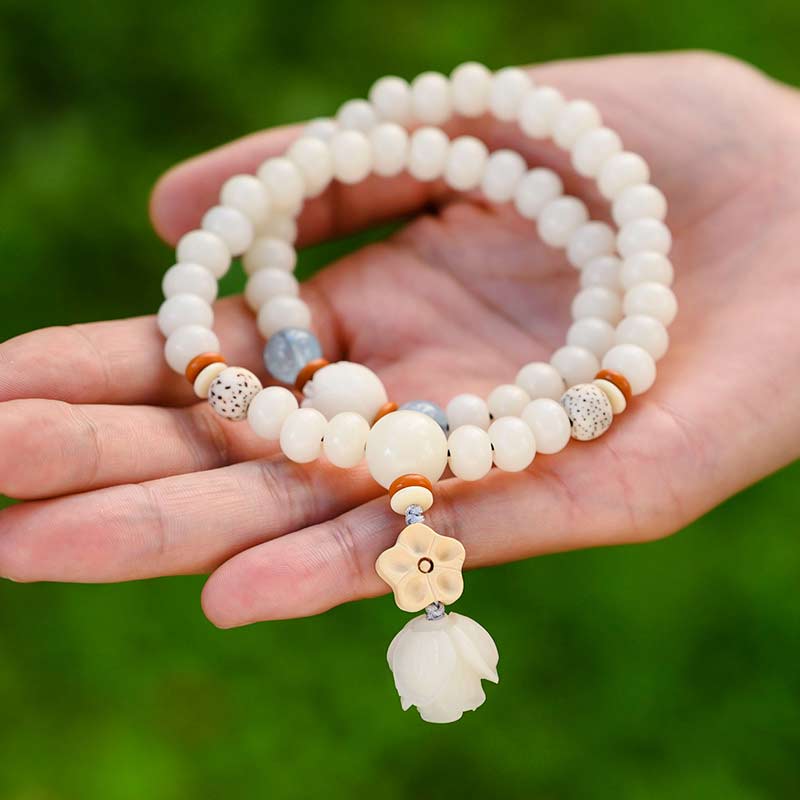 Mythstone Tibetan White Jade Bodhi Lotus Blessing Bracelet