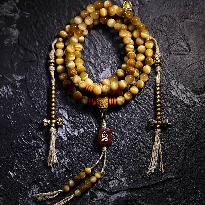 Mythstone 108 Mala Beads Natural Tiger Eye Copper Dorje Protection Tassel Bracelet