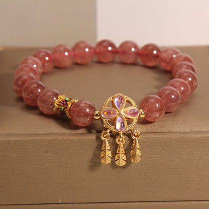 Mythstone Natural Strawberry Quartz Four Leaf Clover Dreamcatcher Charm Love Bracelet