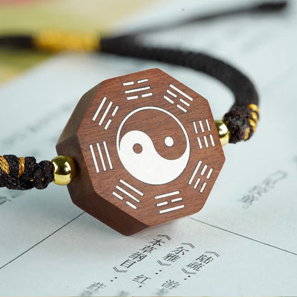 Mythstone Small Leaf Red Sandalwood Jujube Wood Ebony Wood Silver Inlaid Yin Yang Bagua Big Dipper Protection Bracelet