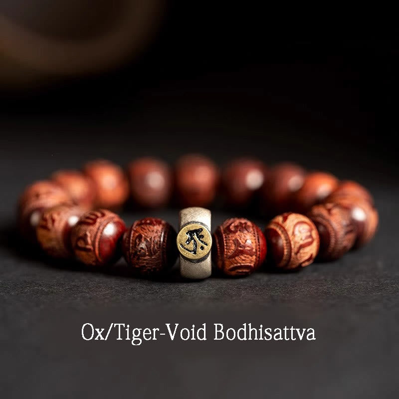 Mythstone Chinese Zodiac Natal Buddha Small Leaf Red Sandalwood Om Mani Padme Hum Protection Bracelet