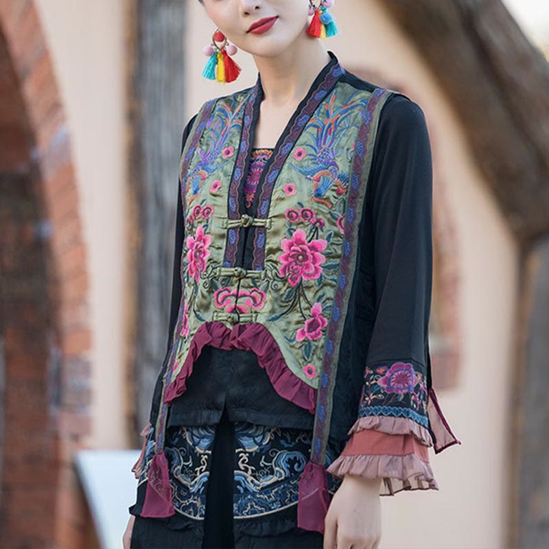 Mythstone Vintage Embroidery Flower Pattern Tang Suit Design Vest