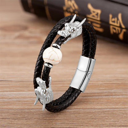 Mythstone Double Dragon Head Leather Stone Titanium Steel Success Bracelet