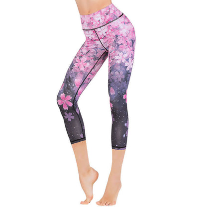 Leggings deportivos recortados de tela de licra con estampado de pavo real en degradado de flor de cerezo y loto de Mythstone, pantalones capri de yoga para mujer 