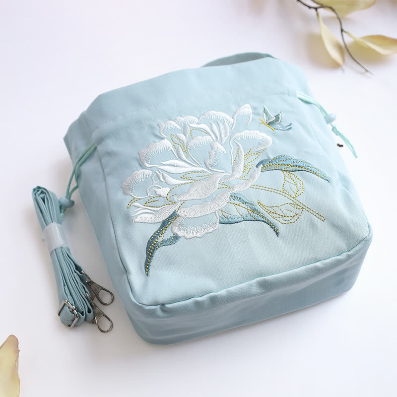 Mythstone Embroidered Flowers Wisteria Lily Cotton Linen Tote Crossbody Bag Shoulder Bag Handbag