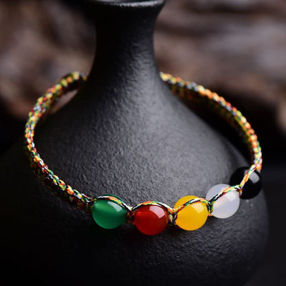 Pulsera de hilo con cinco elementos de piedra mitológica, ágata colorida, metal, madera, agua, fuego y tierra