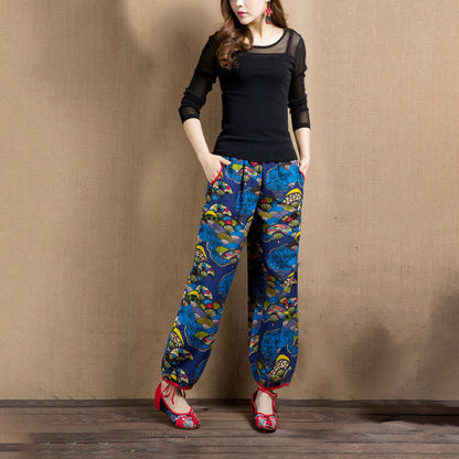 Mythstone Fan Cashew Flower Pattern Cotton Linen Harem Pants With Pockets