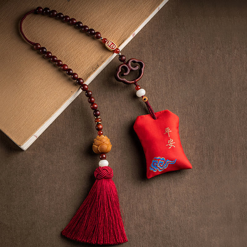 Mythstone Tibetan Small Leaf Red Sandalwood Lotus Cinnabar Sachet Protection Tassel Car Hanging Decoration