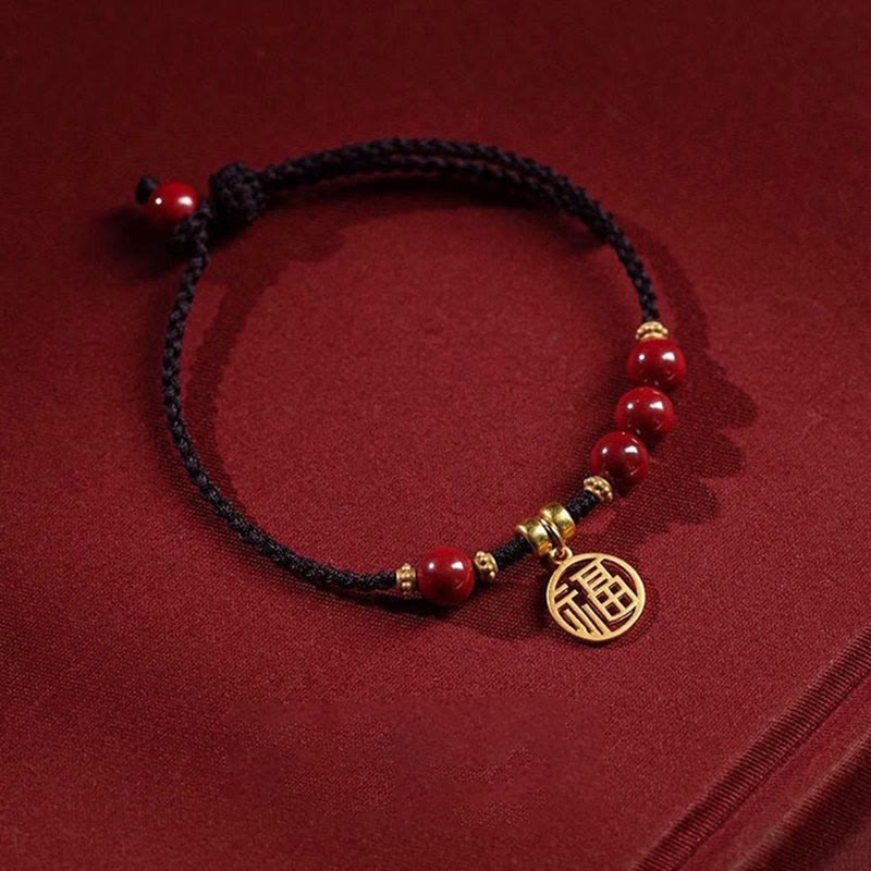 Mythstone Cinnabar Bead Fu Character Charm Blessing Braided String Bracelet