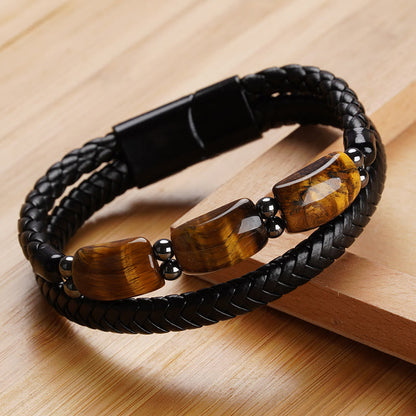 Mythstone Natural Tiger Eye Protection Willpower Magnetic Buckle Leather Bracelet