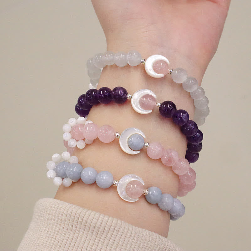 Pulsera de media luna curativa con ojo de gato, amatista natural, aguamarina y cristal rosa de plata de ley 925 de Mythstone 