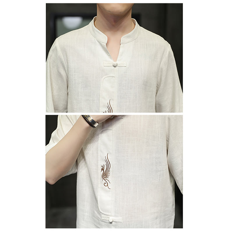 Mythstone Frog-Button Phoenix Embroidery Chinese Tang Suit Short Sleeve Shirt Cotton Linen Men Clothing