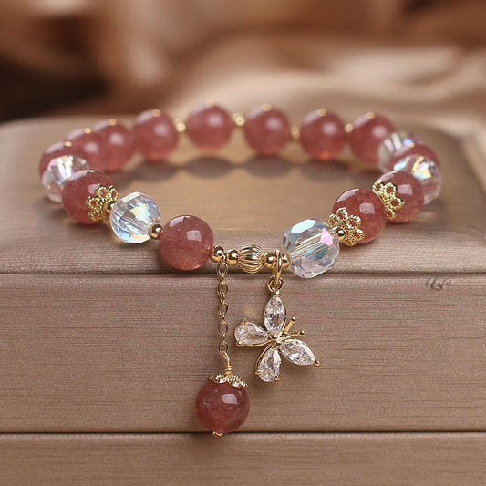 Mythstone Natural Strawberry Quartz Love Healing Butterfly Charm Bracelet