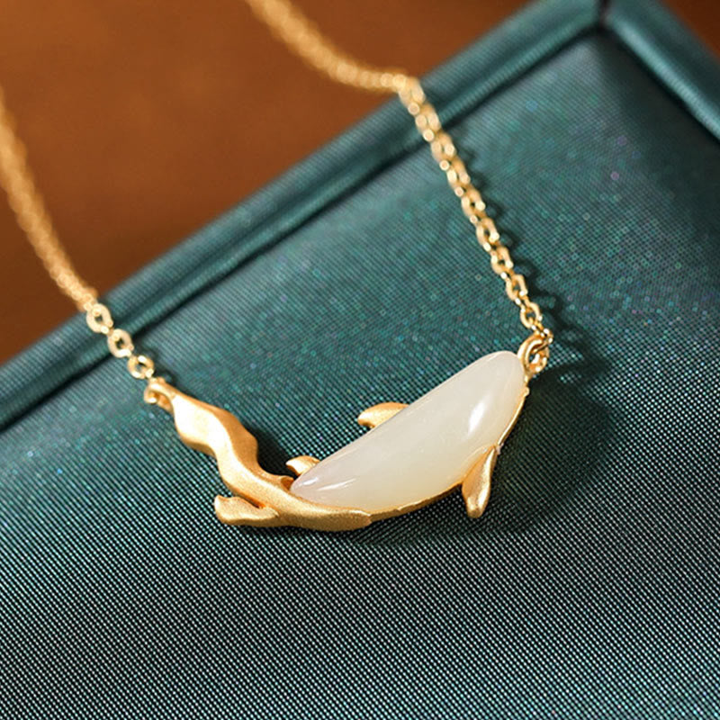 Mythstone 925 Sterling Silver White Jade Dolphin Luck Necklace Pendant