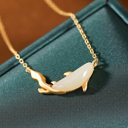 Mythstone 925 Sterling Silver White Jade Dolphin Luck Necklace Pendant