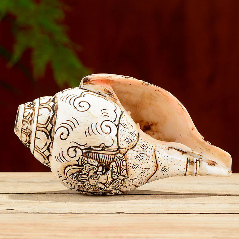 Mythstone Tibetan Handmade Engraved Shankha Buddha Avalokitesvara Conch Shell Wealth Decoration