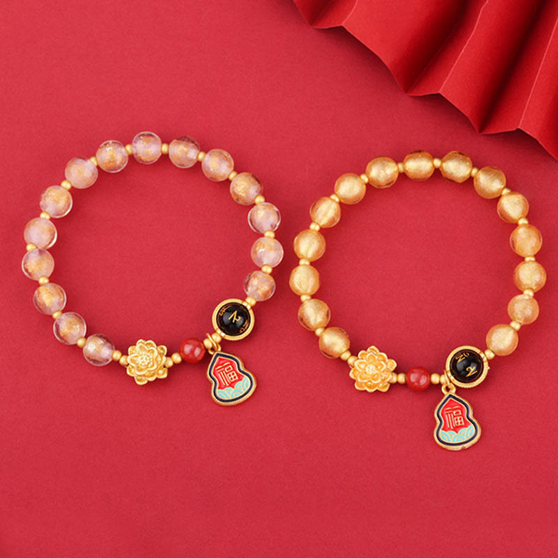 Pulsera de la suerte con cuentas de vidrio de loto y liuli con dije de calabaza y personaje Om Mani Padme Hum Fu del Tíbet