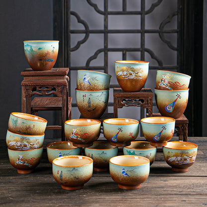 Mythstone Colorful Deer Pipa Snow Plum Blossoms Mountains Rivers Bird Ceramic Teacup Kung Fu Tea Cup Bowl