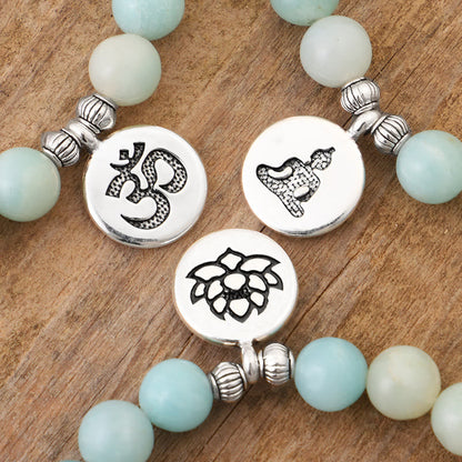 Mythstone Natural Pink Crystal Amazonite Lotus Buddha OM Symbol Warmth Bracelet