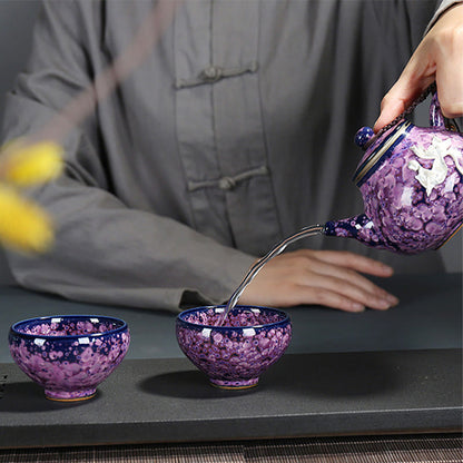 Mythstone Colorful Iris Flowers Chinese Jianzhan Kiln Change Porcelain Teacup Tenmoku Kung Fu Tea Cup