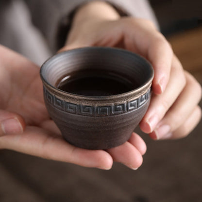 Mythstone Simple Brown Striped Texture Ceramic Teacup Kung Fu Tea Cup Bowl