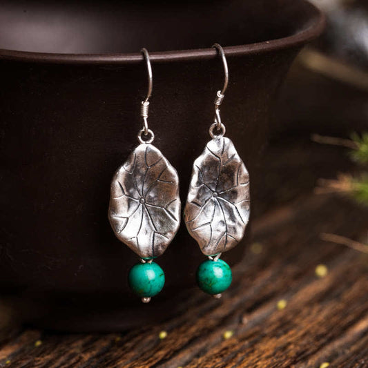 Mythstone 925 Sterling Silver Turquoise Lotus Leaf Protection Drop Dangle Earrings