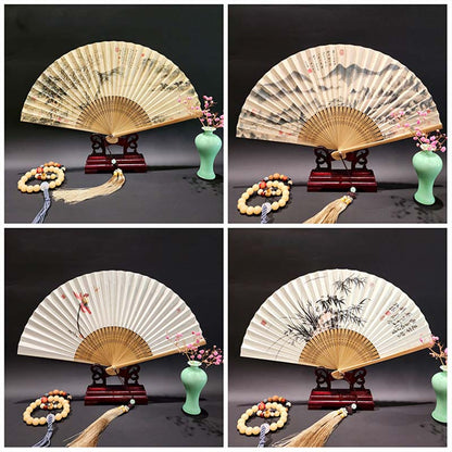 Mythstone A Panorama Of Rivers And Mountains Cranes Orchid Flower Paper Bamboo Handheld Silk Bamboo Folding Fan 22cm