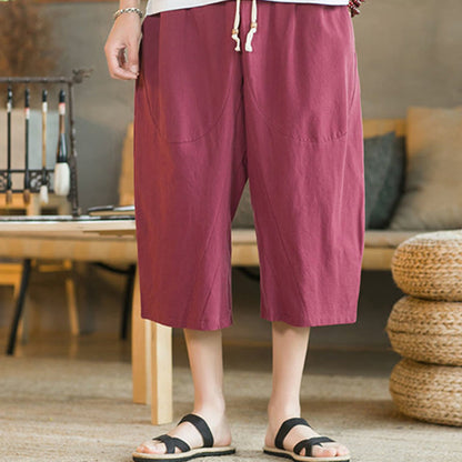 Mythstone Solid Color Mid-Length Wide Leg Pants Cotton Men's Wide Leg Pants With Pockets