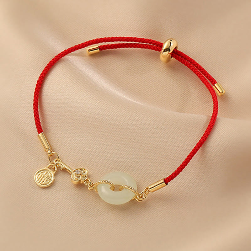 Mythstone 18K Gold Plated Hetian Jade Peace Buckle Fu Character Luck Red Rope Bracelet