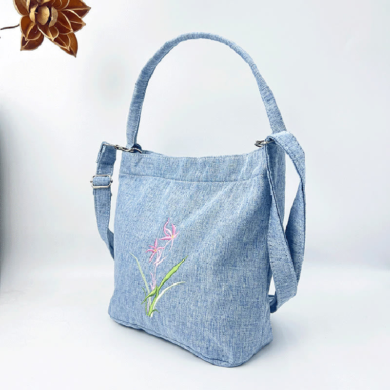 Mythstone Embroidery Wisteria Plum Lotus Cherry Blossom Cotton Linen Canvas Tote Crossbody Bag Shoulder Bag Handbag