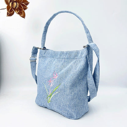 Mythstone Embroidery Wisteria Plum Lotus Cherry Blossom Cotton Linen Canvas Tote Crossbody Bag Shoulder Bag Handbag