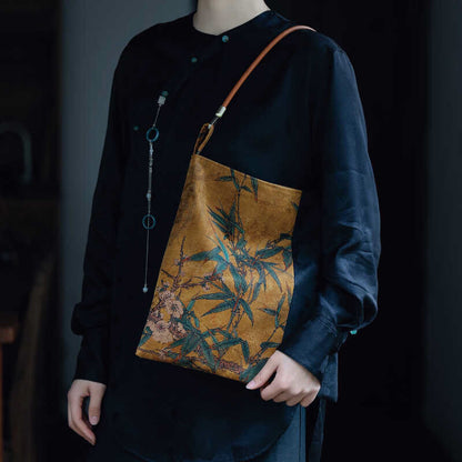 Bolso de mano con diseño de hojas de bambú, flores, mariposas y caqui de Mythstone 