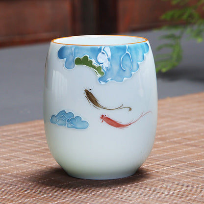 Mythstone Koi Fish Lotus Landscape Dandelion Peony Flower Ceramic Teacup Kung Fu Tea Cup